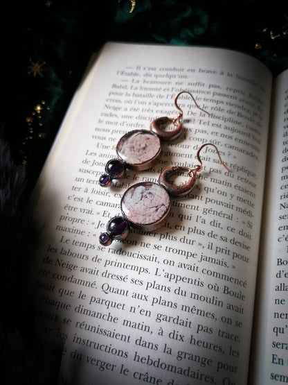 Boucles d'oreilles violette avec améthystes et cuivre,  witchy sorcières dark, le manoir de lulu